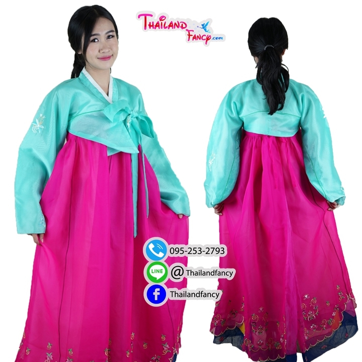 ชุดแฟนซีผู้หญิงสำหรับเช่า เช่าชุดแฟนซีเกาหลี ชุดฮันบกเกาหลี Korea Costume ชุดคอสเพลย์ฮันบกหญิง ชุดฮันบกผ้าแก้วมีลายปักหลากสี 2