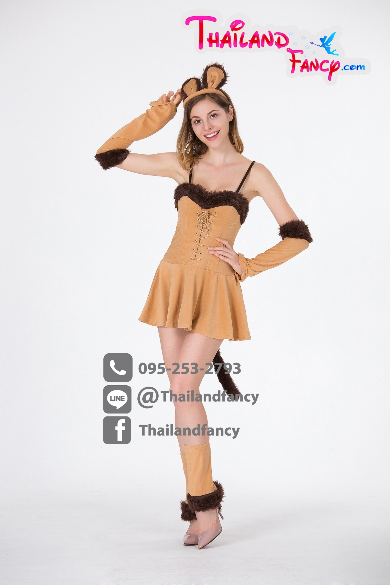 ชุดแฟนซีสิงโตสาว ชุดคอสเพลย์สัตว์โลก Lion Cosplay ชุดสิงโตผู้หญิงสีน้ำตาลแต่งผ้าขนรุ่นมีหาง