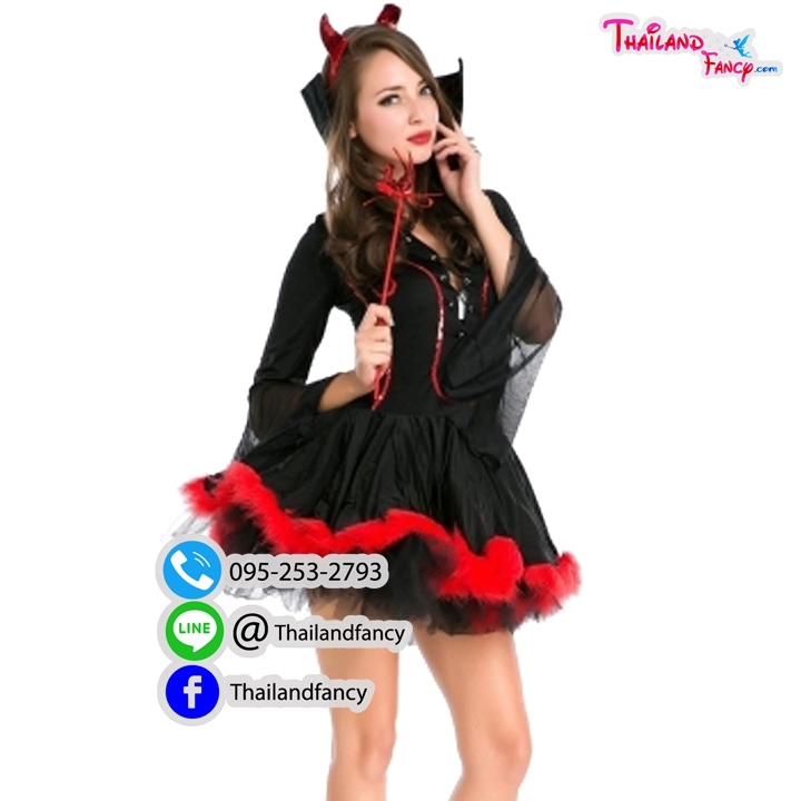 ชุดแฟนซีแวมไพร์ ชุดคอสเพลย์แวมไพร์ ชุดแม่มดเดวิล ชุดซอมบี้ผู้หญิง ชุดฮาโลวีน Devil Girl Costume ชุดปีศาจสาว ชุดสาวเดวิลสีดำปกคอตั้งแต่งขนมิงค์สีแดง