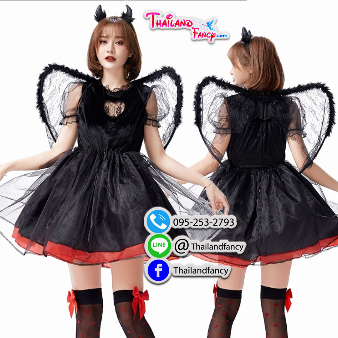 ชุดแฟนซีเดวิล ชุดคอสเพลย์ปีศาจสาว Cosplay Halloween ชุดซาตานหญิง ชุดแวมไพร์ซอมบี้ ชุดราชินีเดวิลเดรสสั้นพร้อมปีกหลังลูกไม้