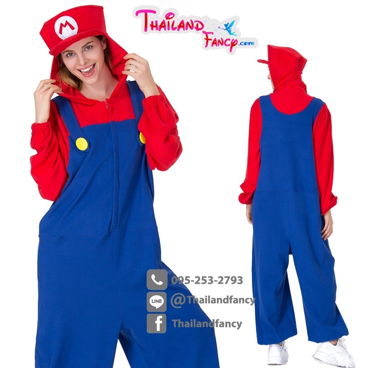 ชุดเช่าแฟนซีผู้หญิง ชุดการ์ตูนมาริโอ้ Cosplay Super Mario ชุดเกมล์ยุค90 ชุดมาริโอ้ผู้ใหญ่ชายหญิงแดงน้ำเงิน แบบมีฮู้ทคลุมผม