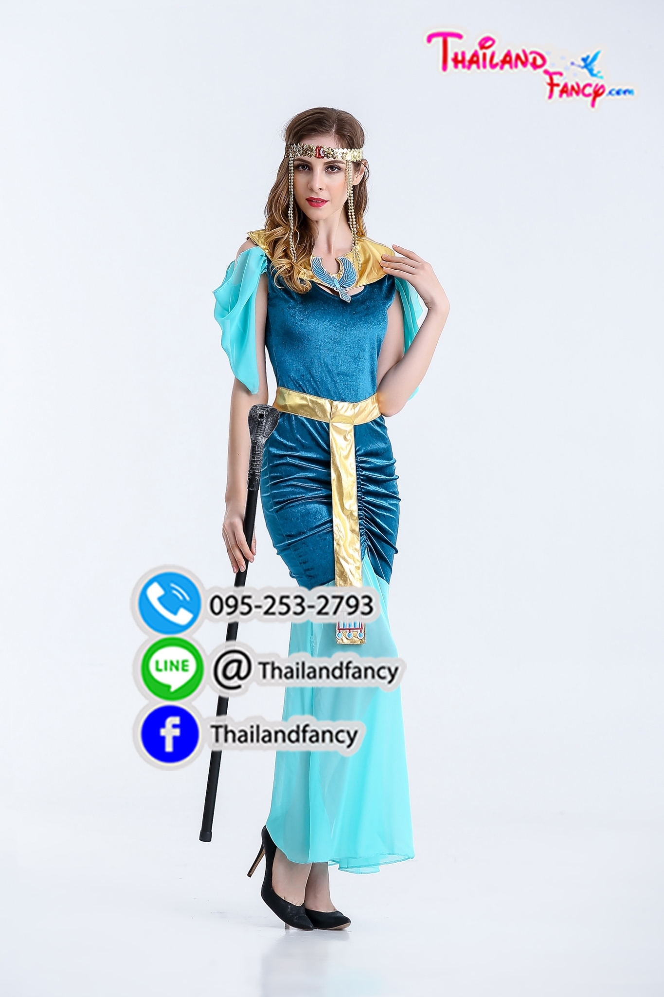 ชุดแฟนซีผู้หญิง Cleopatra Cosplay ชุดเทพเจ้ากรีก ชุดเทพธิดากรีก ชุดอียิปต์ ชุดคลีโอพัตรา ชุดโรมันหญิง เดรสสีฟ้าแต่งทอง