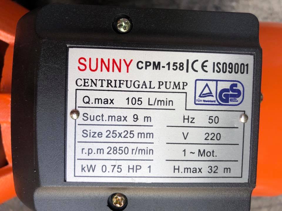 ปั๊มน้ำหอยโข่ง ขนาด 1 นิ้ว ยี่ห้อ Sunny CPM-158