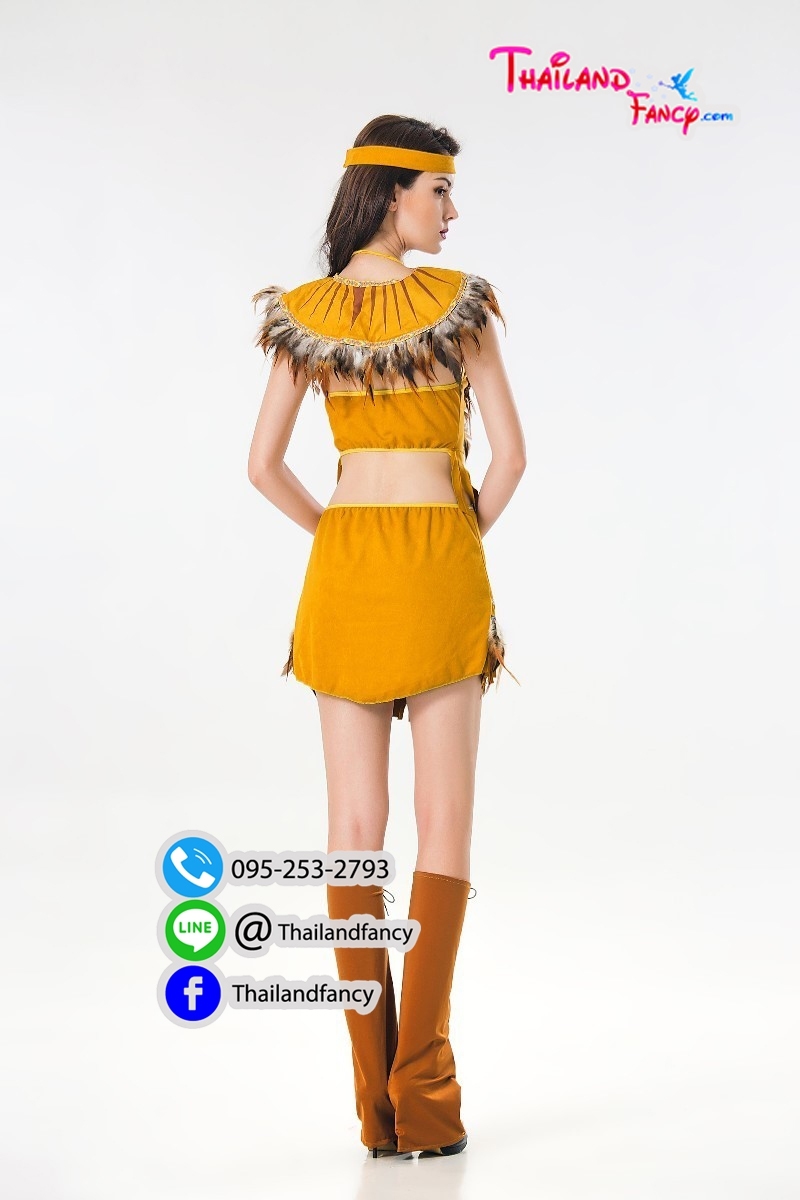 ชุดแฟนซีโบฮีเมียน ขุดอินเดียแดงหญิง ชุดคอสเพลย์ ชุดอินเดียน่าเกิร์ล ชุดแฟนซีหญิงมนุษย์หิน สาวยิปซี ชนเผ่า ขุดสีน้ำตาลทองแต่งขนนกลายสีดำน้ำตาล