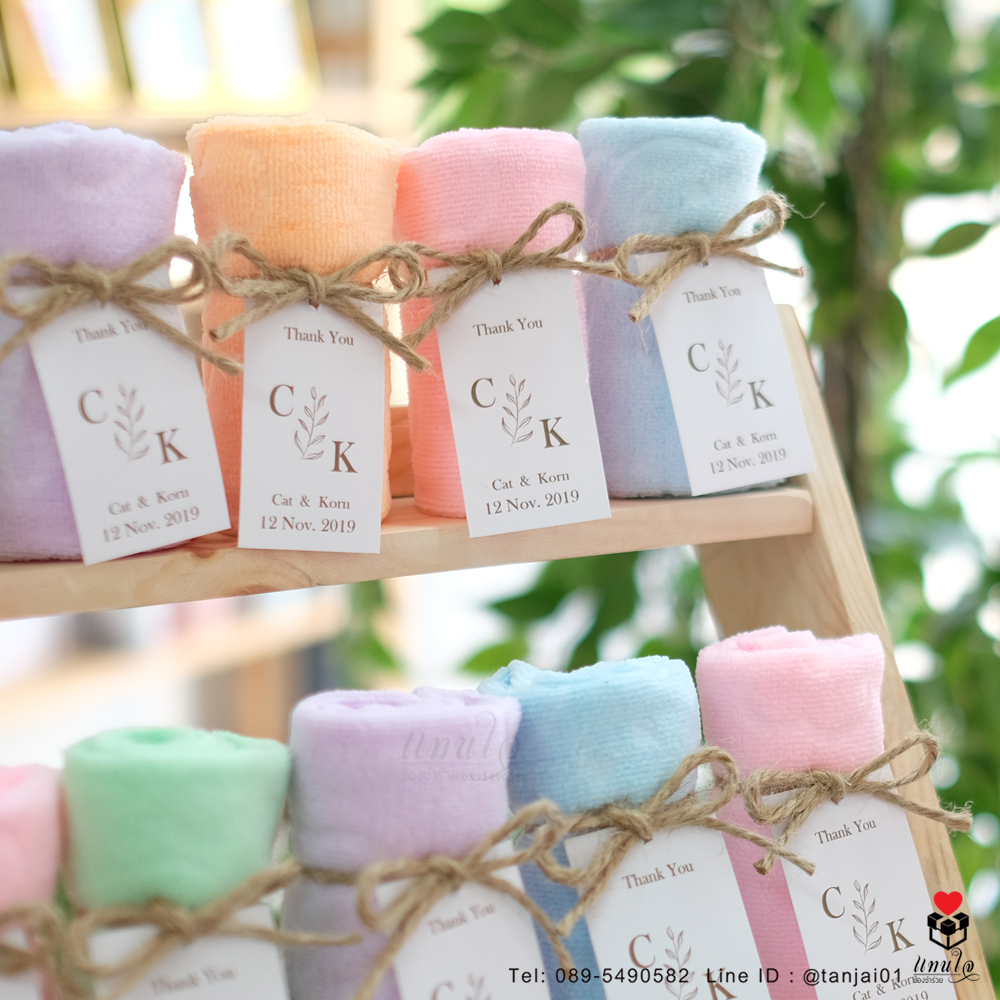 ของชำร่วยแต่งงาน ผ้าลายหมีพร้อมหูหิ้ว สีพาสเทล ป้ายชื่อผูกโบว์เชือกป่าน 💕เริ่มต้น 13 บาท💕 ผ้าขนาด 30x30 cm