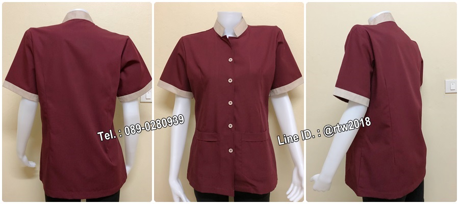 รหัส C7 : เสื้อแม่บ้านคอจีนแขนสั้นสีเลือดหมู/ครีม