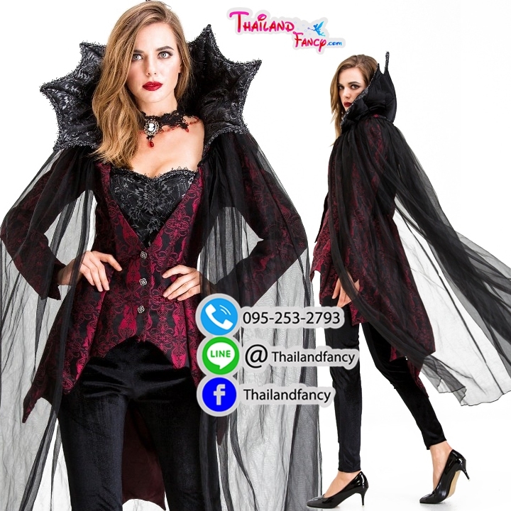 ชุดแฟนซีแวมไพร์ ชุดคอสเพลย์แวมไพร์ Cosplay Halloween ชุดแวมไพร์หญิง ชุดสาวแวมไพร์ ชุดแดร็กคูล่าหญิง ชุดสาวแดร็กคูล่า ชุดราชินีแวมไพร์ดำแดงพร้อมปกคอตั้ง สำเนา
