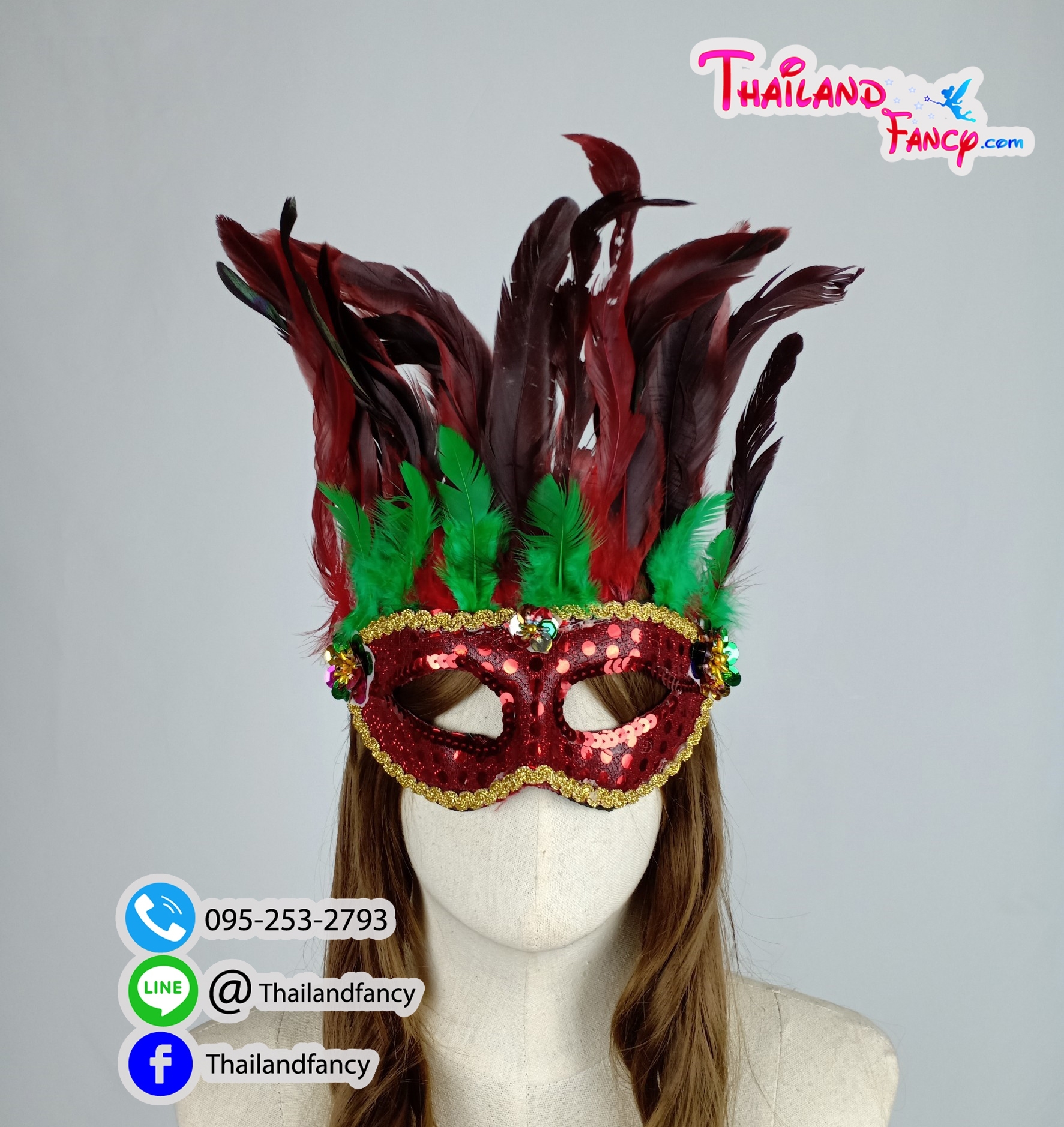 อุปกรณ์คริสต์มาส อุปกรณืแฟนซี หน้ากากแฟนซี หน้ากากขนนก หน้ากากปาร์ตี้ปีใหม่ หน้ากากอินเดียแดง หน้ากากสีแดงแซมเขียวแต่งเกร็ด