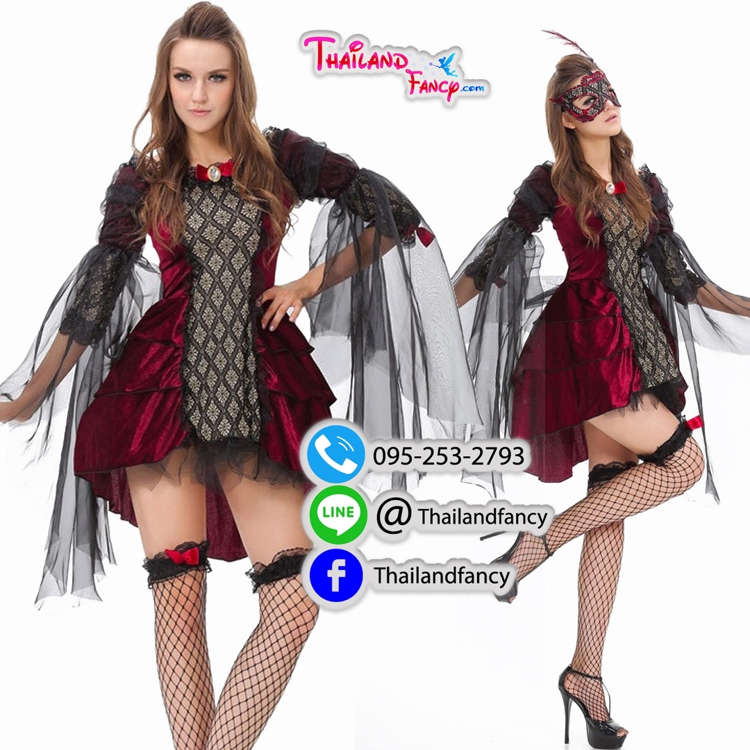 ชุดเช่าแฟนซีผู้หญิง ชุดเช่าซอมบี้ผู้หญิง ชุดเช่าแวมไพร์สาว Dracular Cosplay ชุดฮาโลวีน ชุดปีศาจสาว ผีดิบดูดเลือด ชุดราชินีแดร๊คคูลล่าพร้อมหน้ากากเข้าเซ็ท