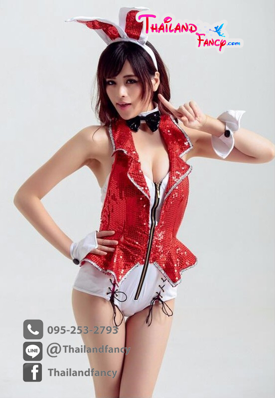 ชุดแดนเซอร์ ชุดพริ้ตตี้บันนี่ Cosplay Bunny ชุดแฟนซีกระต่ายสีขาวแดงเกร็ดวิ๊งค์ พร้อมหูกระต่าย
