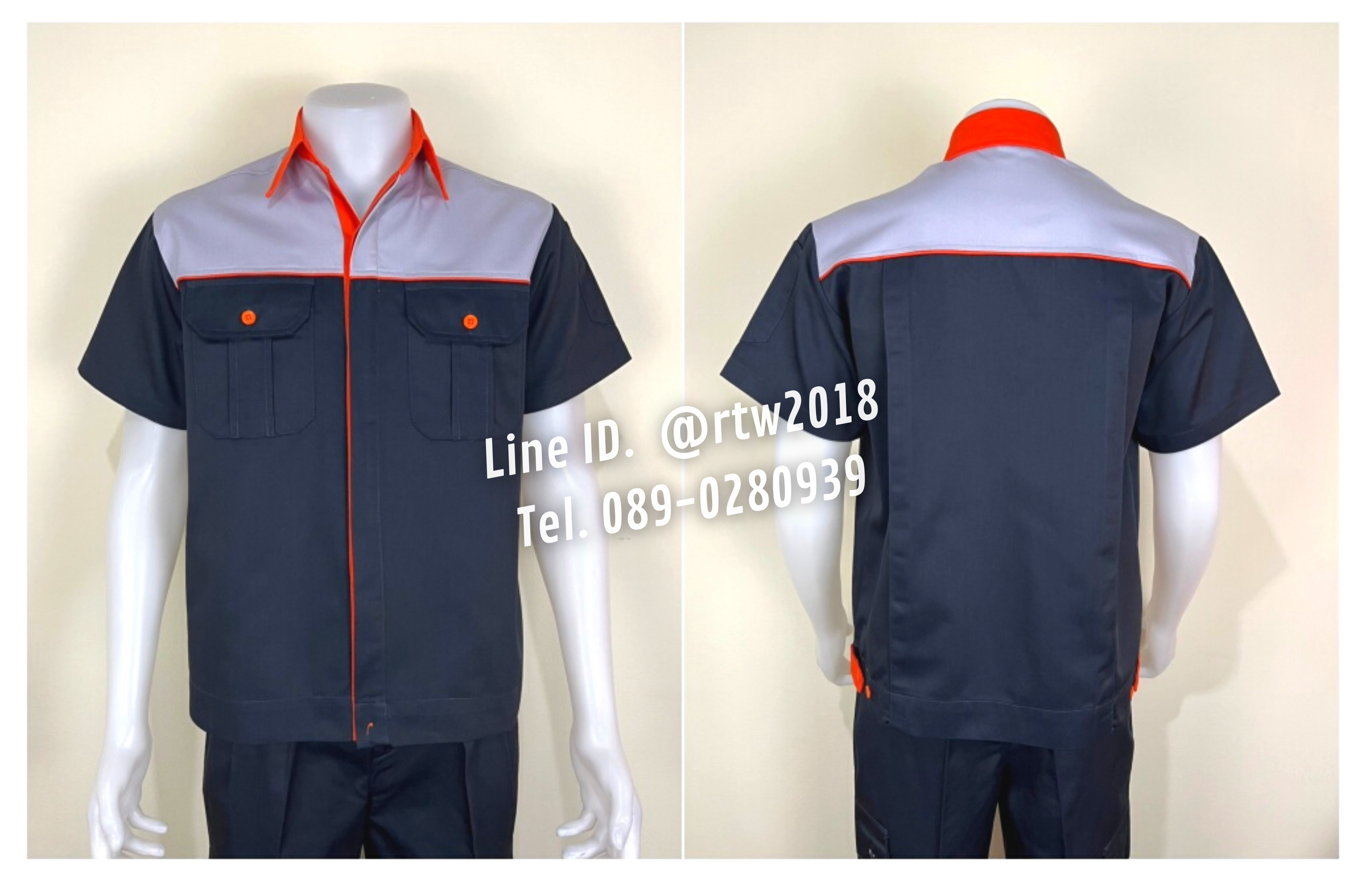 รหัส A16.1 : เสื้อช่างแขนสั้นผ้าคอมทวิวสีกรมท่าอกเทาอ่อนแต่งส้ม (ซ่อนสาบ)