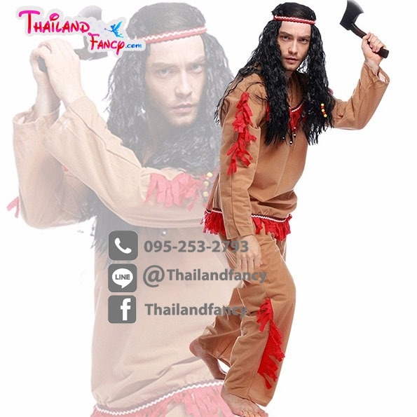 ชุดอินเดียแดง ชุดแฟนซีชาย ชุดคาวบอย ชุดโบฮีเมียน Cosplay ชนเผ่า อินเดียแดงชายผ้าน้ำตาลแต่งแถบแดง