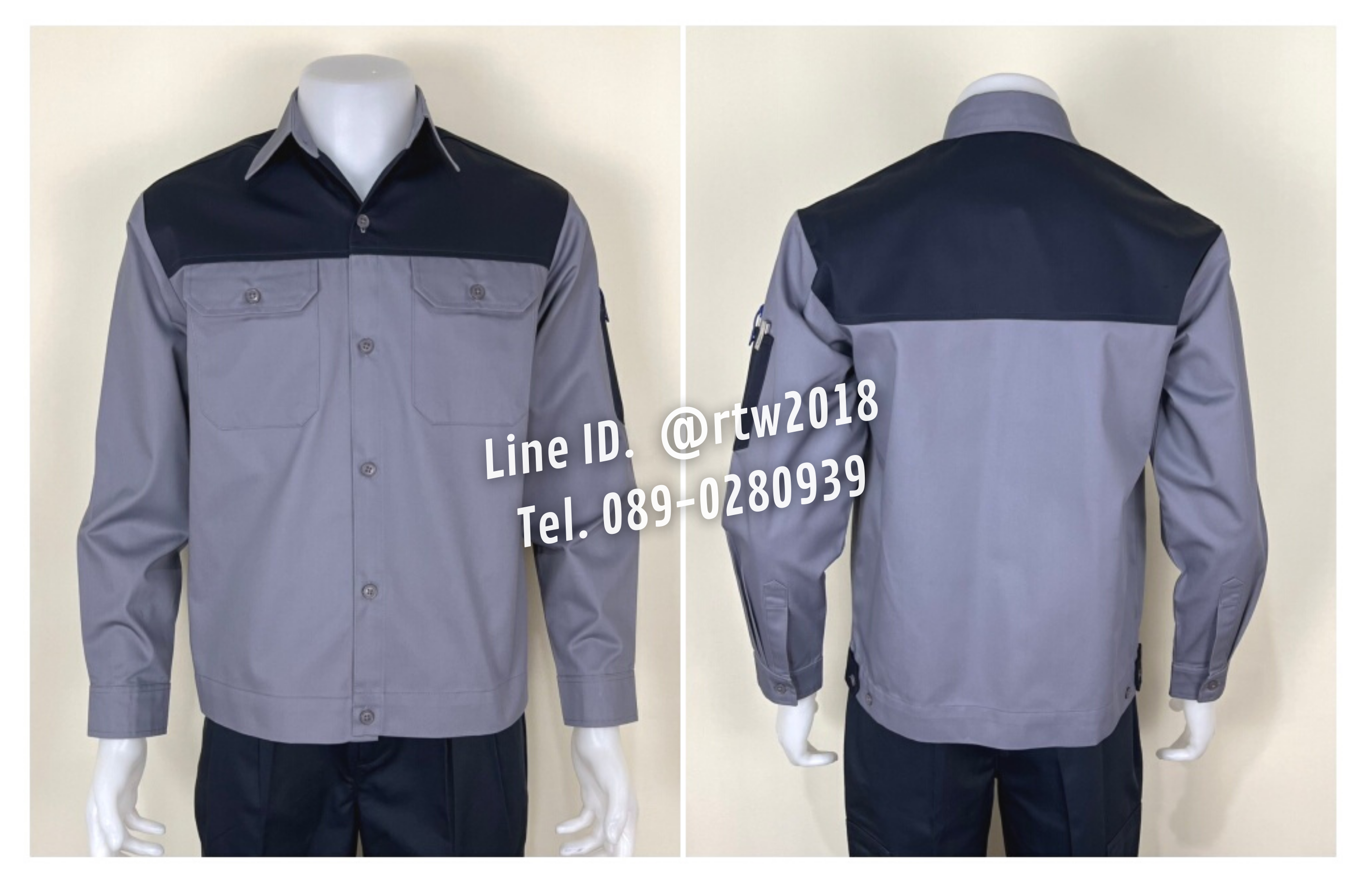 รหัส AB14.7 : เสื้อช่างแขนยาวผ้าคอมทวิวสีเทาอกกรมท่า