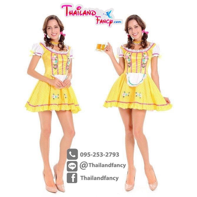 ชุดแฟนซีแม่บ้าน ชุดสาวเสริฟ ชุดบาวาเรีย ชุดเทศกาลเบียร์ ชุดโบฮีเมียนสีเหลืองแต่งลายแขนตุ๊กตาผ้ากันเปื้อนสีขาว