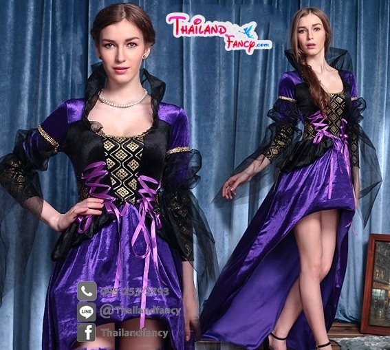 ชุดคอสเพลย์แวมไพร์ ชุดแม่มดฮาโลวีน ชุดผีดิบดูดเลือด ชุดราชินีแม่มด สีม่วงดำ โปรงหน้าสั้นหลังยาว