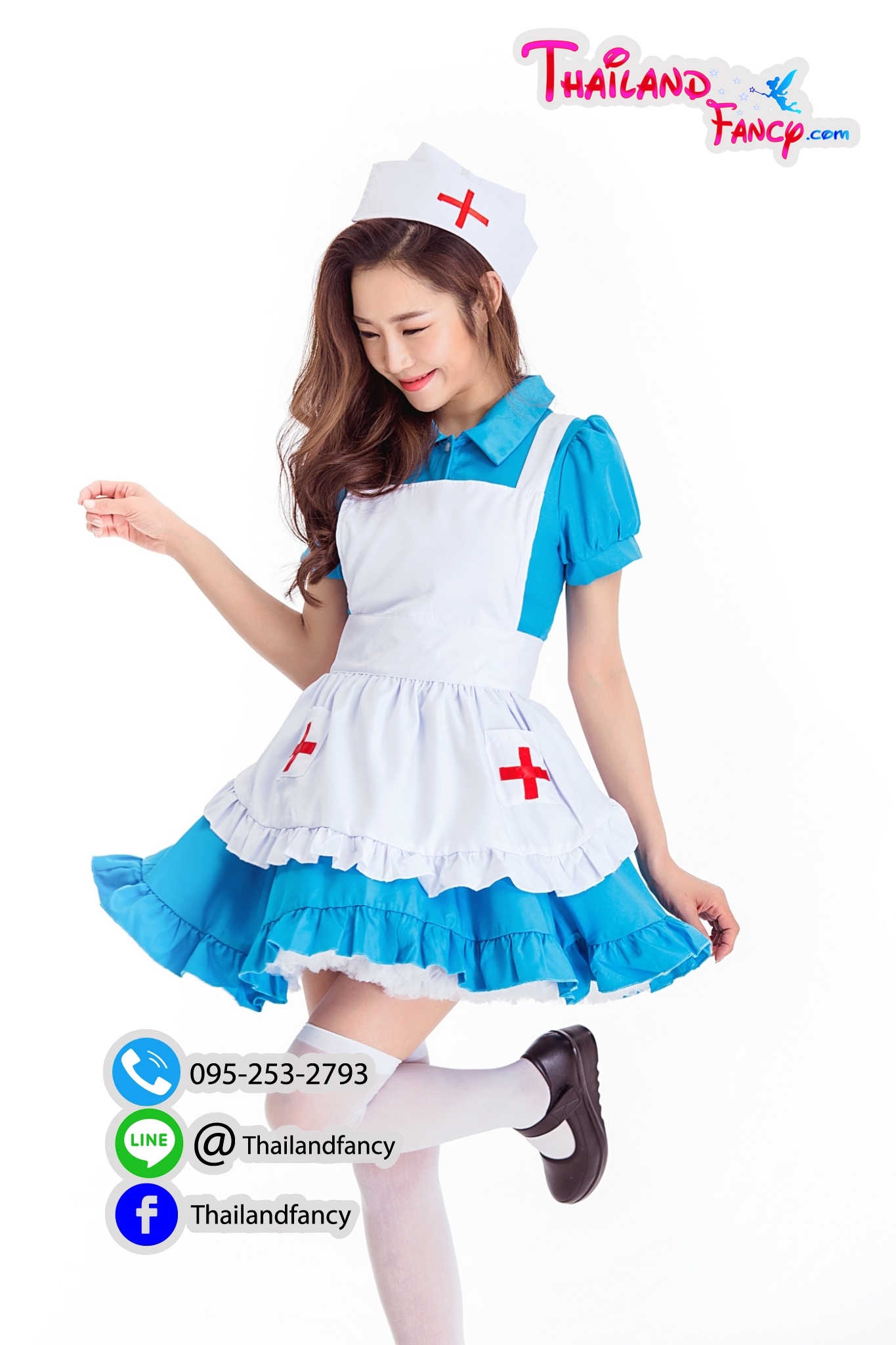 ชุดแฟนซีแม่บ้าน ชุดแม่บ้านคอสเพลย์ ชุดเมดญี่ปุ่น Maid Cosplay ชุดเมดโลลิต้า เมดพยาบาล แม่บ้านพยาบาล เดรสฟ้าผ้ากันเปื้อนขาว