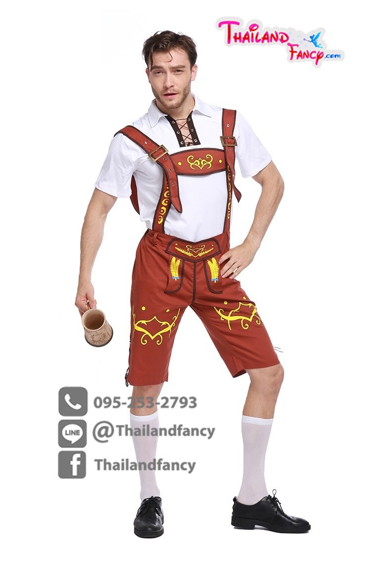 Cosplay Oktoberfest Beer ชุดแฟนซี ชุดเทศกาลเบียร์ ชุดบาวาเรีย ชุดคอสเพลย์ผู้ชายเสื้อขาวคอปกกางเกงเอี๊ยมสีน้ำตาลอ่อน