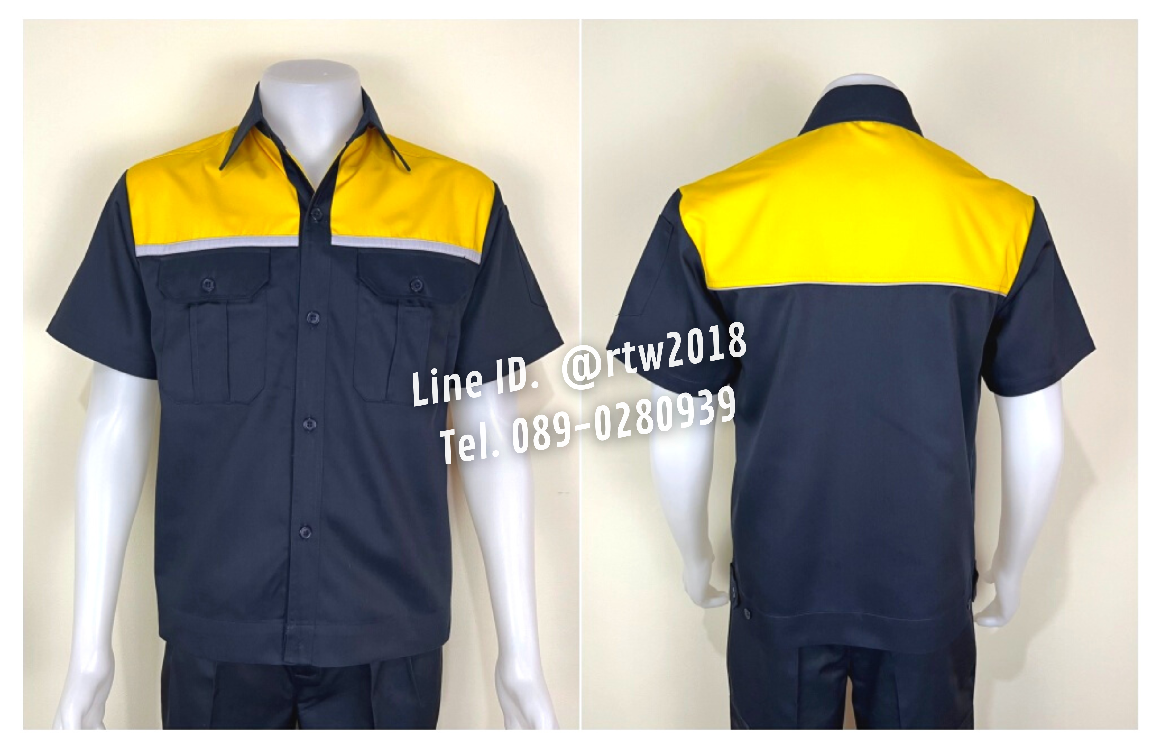 รหัส A20.1 : เสื้อช่างแขนสั้นผ้าคอมทวิวสีกรมท่าอกเหลืองแต่งเทา