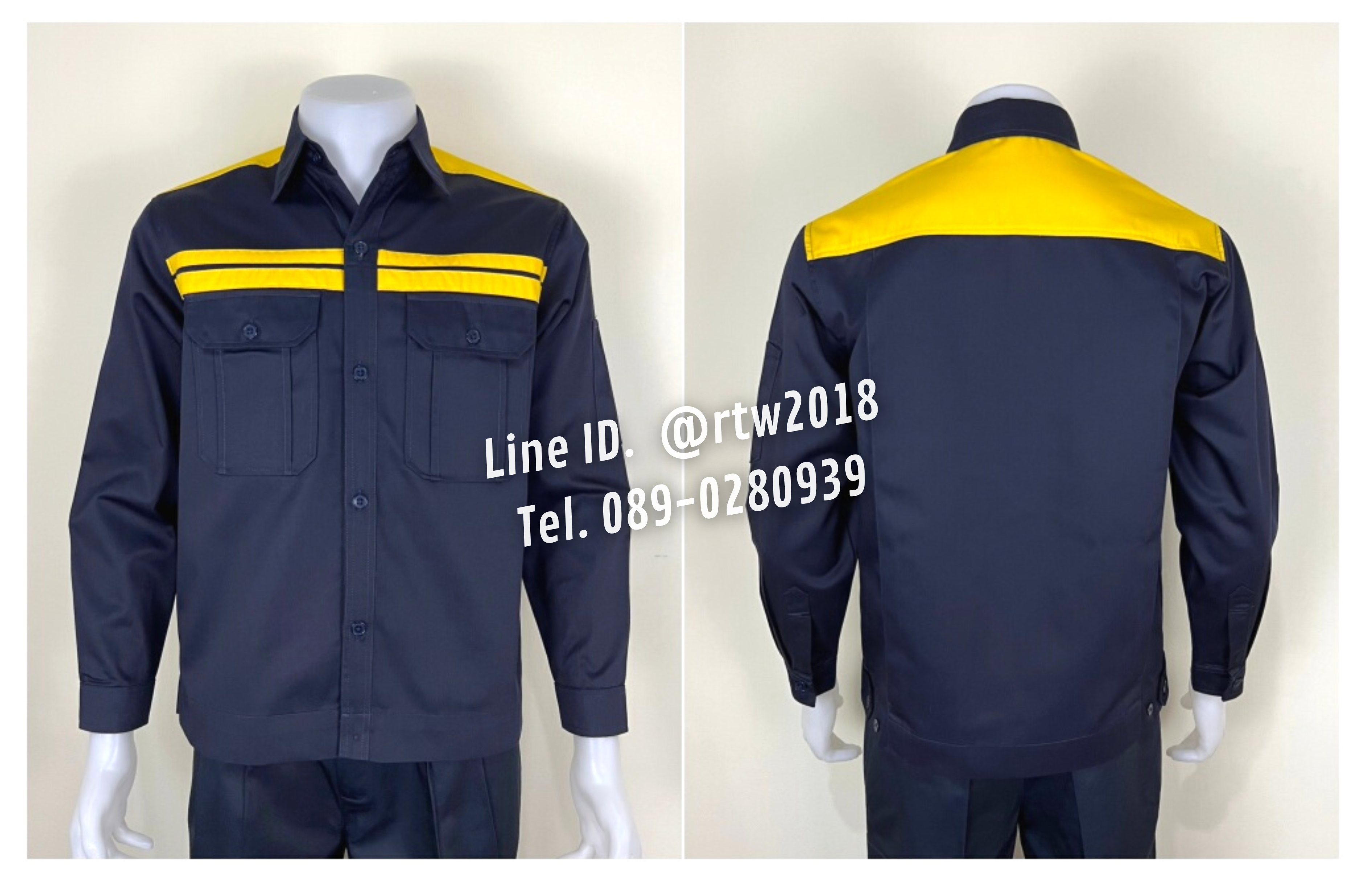 รหัส AB8.1 : เสื้อช่างแขนยาวผ้าคอมทวิวสีกรมท่าคาดอกเหลืองคู่