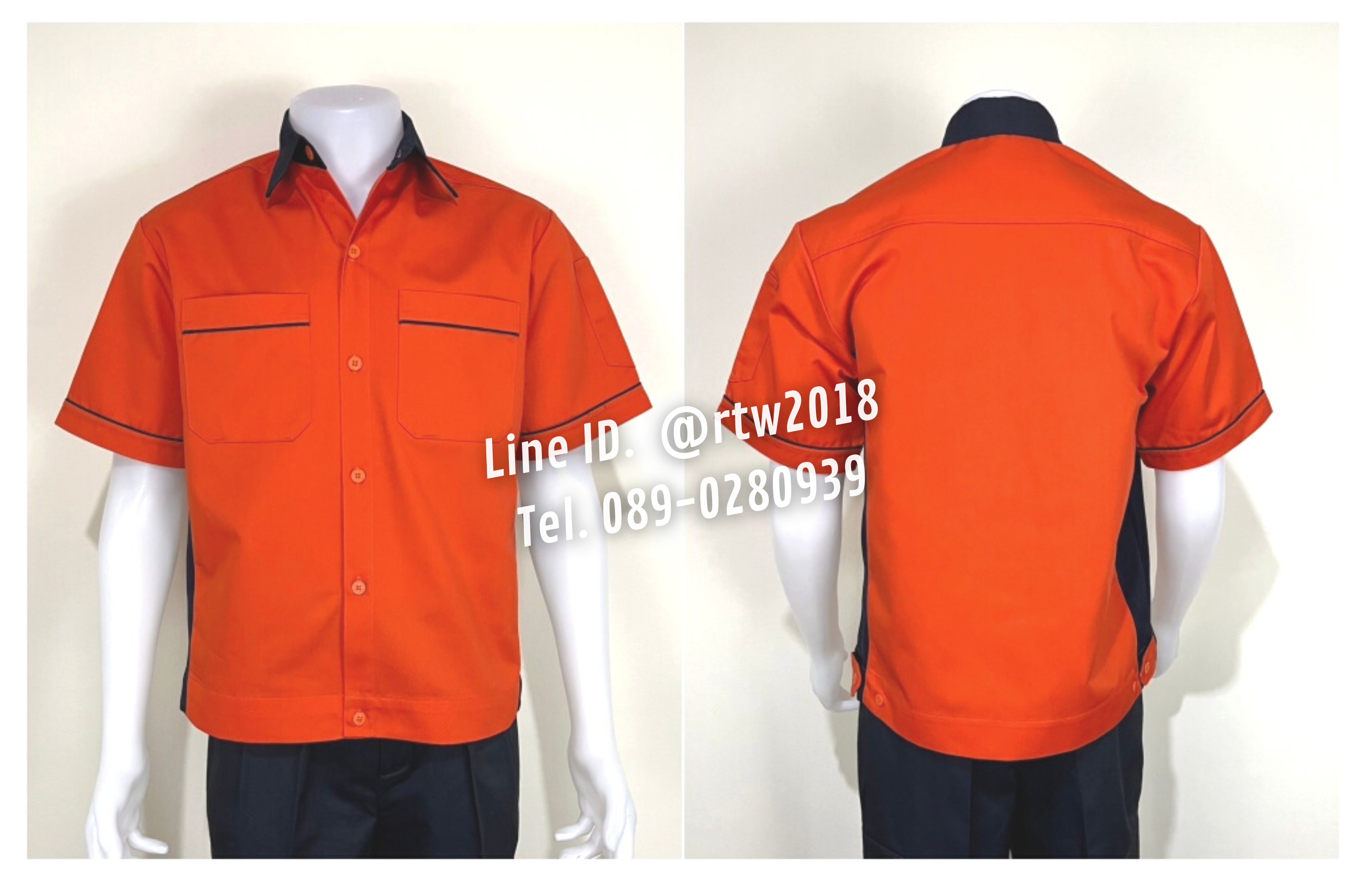 รหัส A14.3 : เสื้อช่างแขนสั้นผ้าคอมทวิวสีส้มข้างกรมท่า