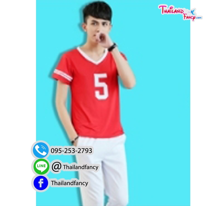 ชุดแฟนซีเชียร์กีฬา ชุดปอมปอมกีฬาสี ชุดเชียร์ลีดเดอร์ผู้ชาย Cheerleader Cosplay ชุดปอมปอมชาย ชุดนักกีฬา ชุดคอสเพลย์กีฬาสีออฟฟิศ เสื้อคอวีสีแดงกางเกงขาวขายาว