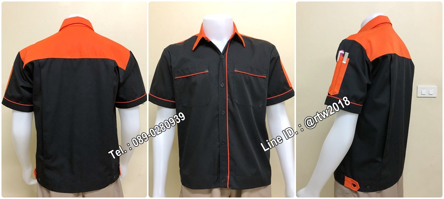รหัส A41 : เสื้อช่างแขนสั้นแบบดำบ่าส้ม