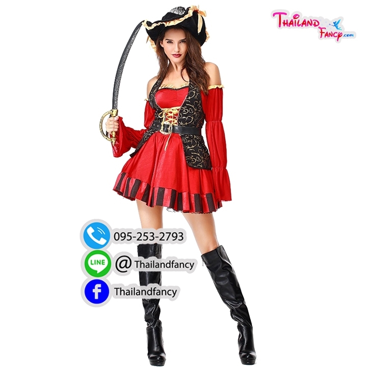 ชุดแฟนซีโจรสลัดสาว Pirate Cosplay ชุดโจรสลัดแจ๊คสแปร์โรว์หญิง ชุดฮาโลวีน ชุดกัปตันสาวโจรสลัดแดงกั๊กดำ พร้อมหมวก