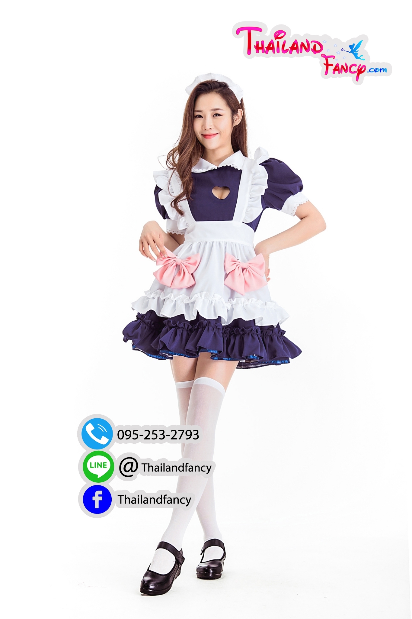 ชุดแฟนซีแม่บ้าน ชุดเมดญี่ปุ่น Maid Cosplay ชุดเมดเจ้าหญิงโลลิต้า ชุดแม่บ้านคอสเพลย์ เดรสสีม่วงผ้ากันเปื้อนขาวเจาะอกรูปหัวใจโบว์ชมพู