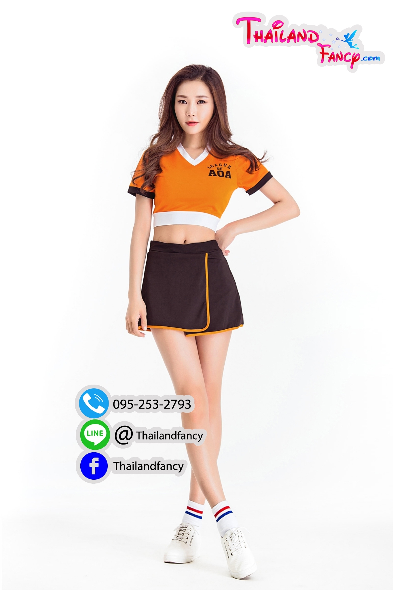 ชุดแฟนซีปอมปอม ชุดเชียร์ลีดเดอร์ ชุดเชียร์กีฬา Cheerleader Cosplay ชุดปอมปอมเชียร์กีฬา เสื้อสีส้ม กระโปรงดำ