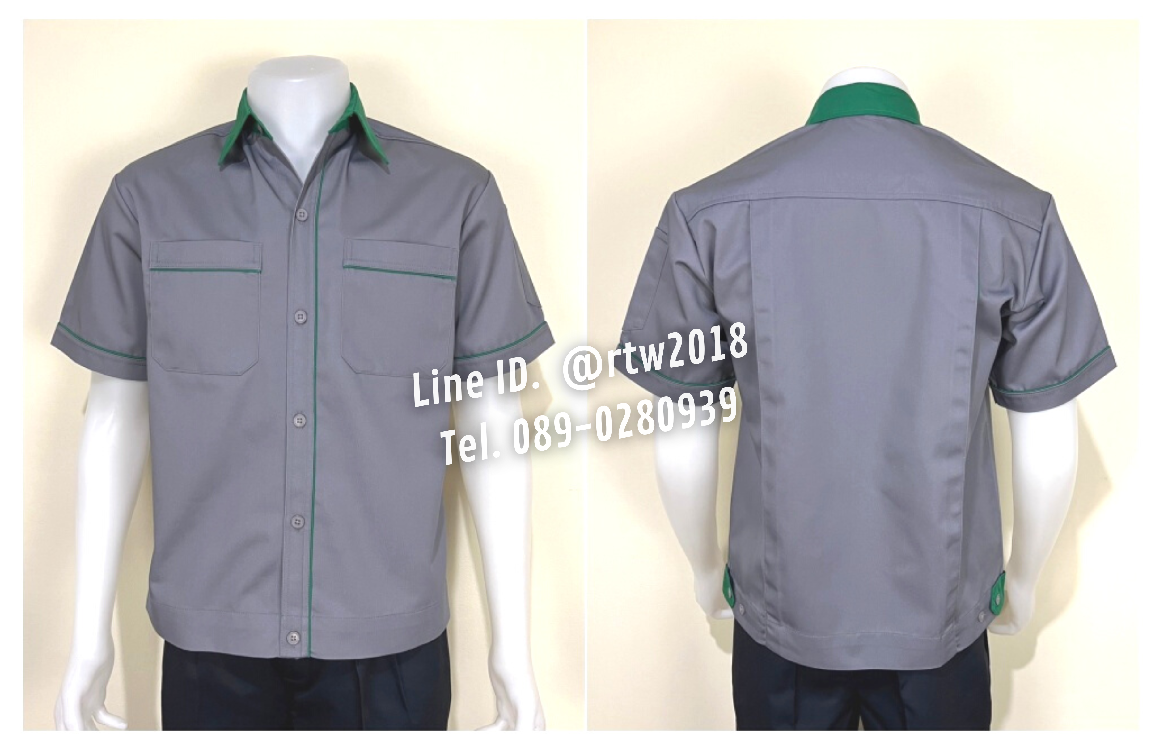 รหัส A5.6 : เสื้อช่างแขนสั้นผ้าคอมทวิวสีเทากุ้นเขียวเข้ม