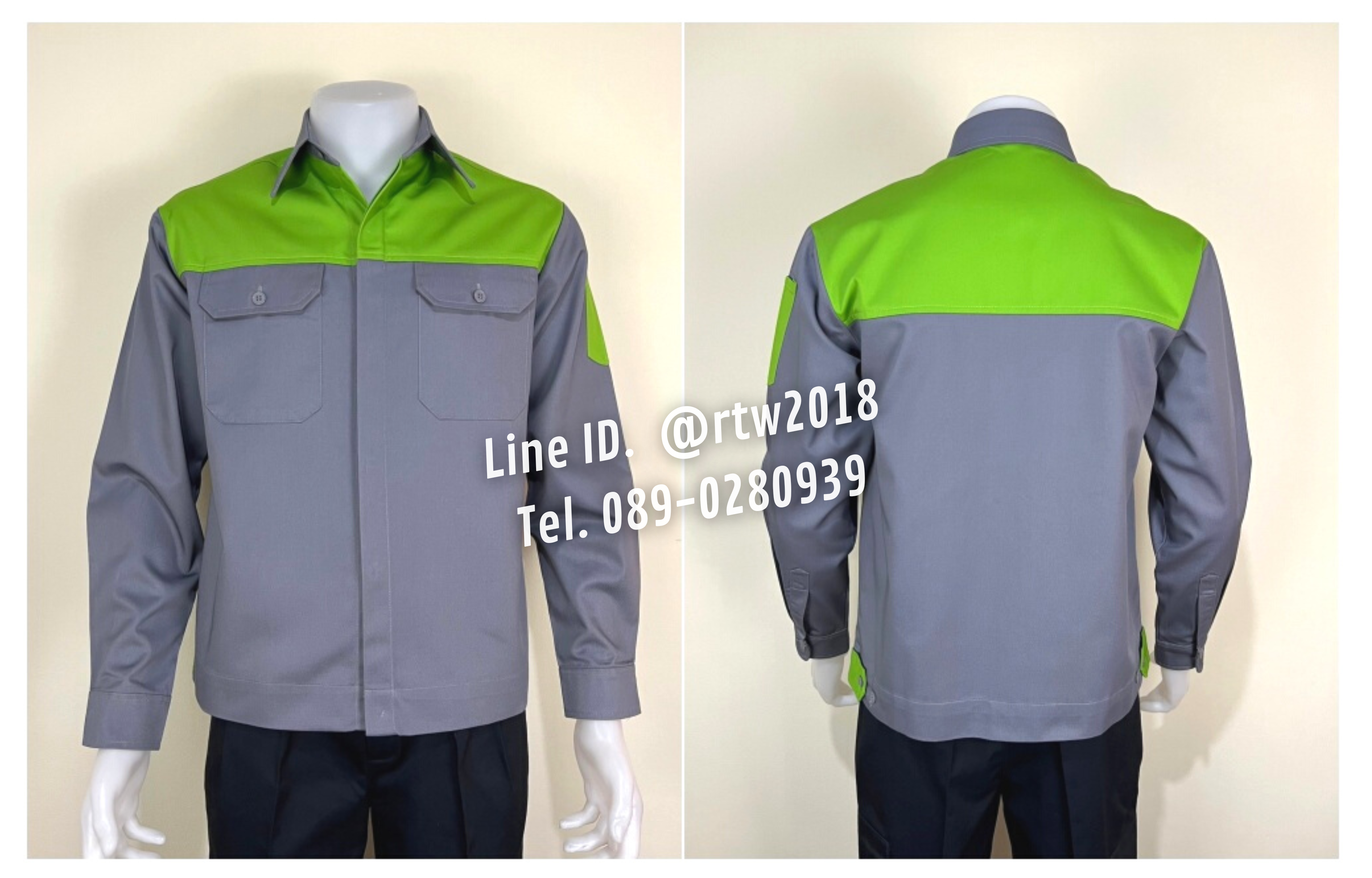 รหัส AB2.5 : เสื้อช่างแขนยาวผ้าคอมทวิวเทาอกเขียวอ่อน (ซ่อนสาบ)