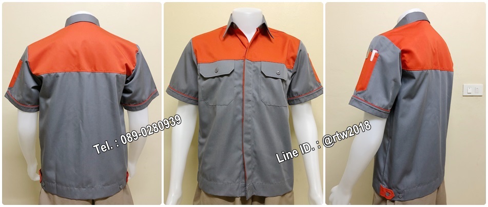 รหัส A22 : เสื้อช่างแขนสั้นแบบเทาอกส้มกระดุมซ่อนสาบ