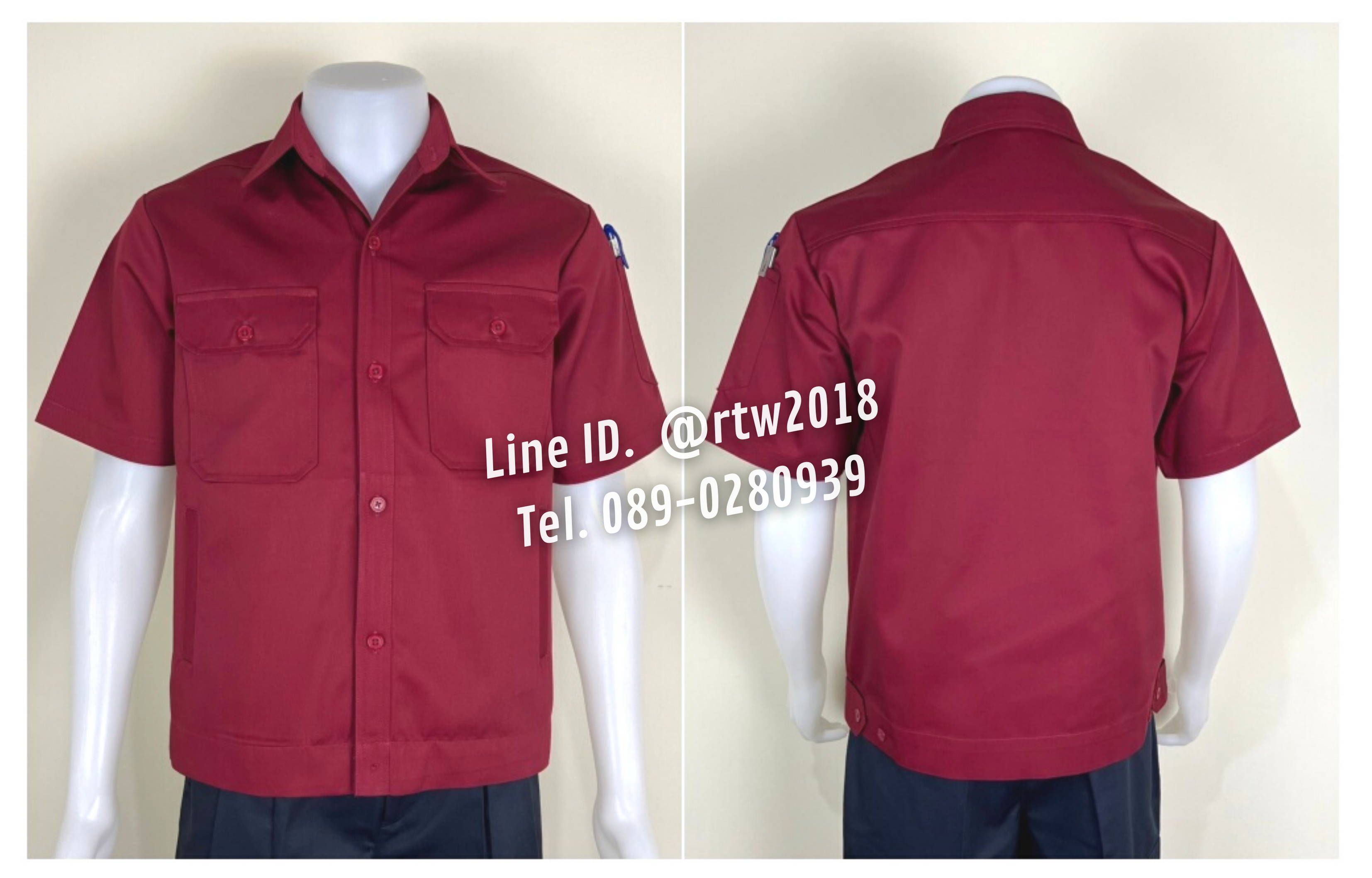 รหัส A4.5 : เสื้อช่างแขนสั้นผ้าคอมทวิวสี่กระเป๋าสีเลือดหมูล้วน