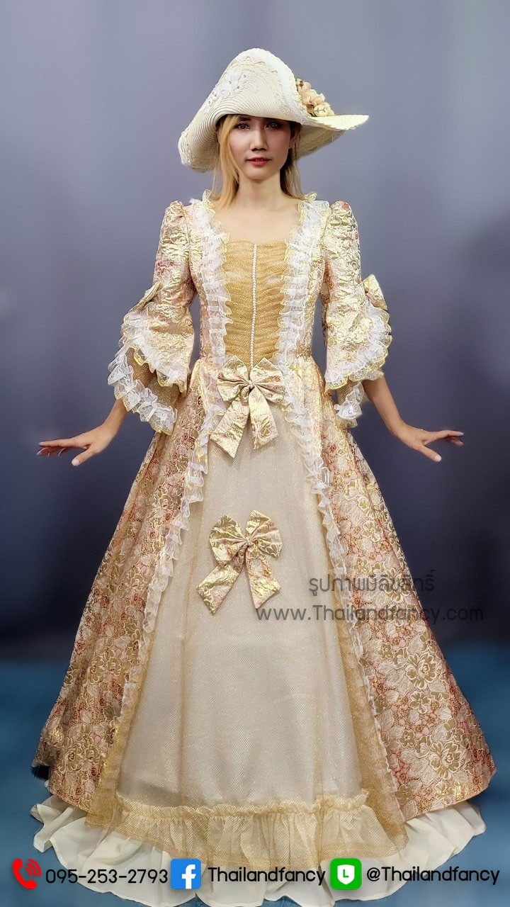 ชุดแฟนซีผู้หญิงสำหรับเช่า ชุดวิคตอเรีย ชุดเจ้าหญิงอังกฤษ ชุดผู้ดีอังกฤษ ชุดหลุยส์ฝรั่งเศส Victoria Cosplay ชุดเช่าเจ้าหญิงยุคเรเนซองค์โกธิคสีชมพูทอง
