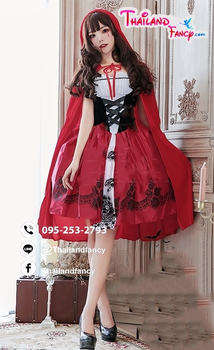ชุดแฟนซี หนูน้อยหมวกแดง ชุดคู่หมาป่า Cosplay Halloween ชุดการ์ตูนหนูน้อยหมวกแดง เดรสแขนกุดพร้อมผ้าคลุมสีแดง