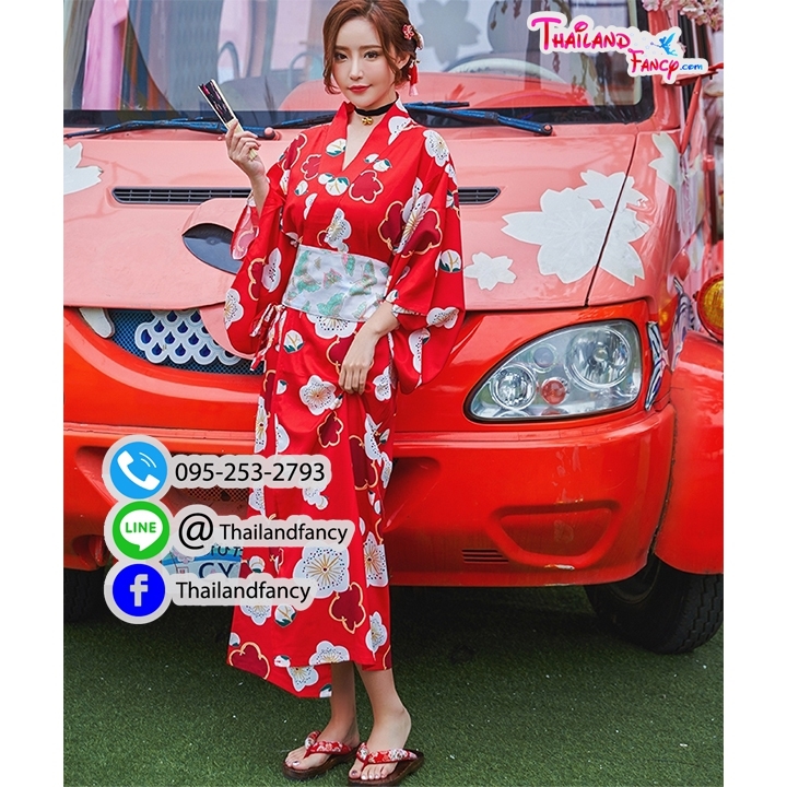 ชุดเช่าแฟนซีผู้หญิง ชุดยูกะตะญี่ปุ่น Anime Cosplay ชุดแฟนซีการ์ตูนอะนิเมะ ชุดกิโมโนญี่ปุ่นผู้หญิงสีแดงลายดอกไม้