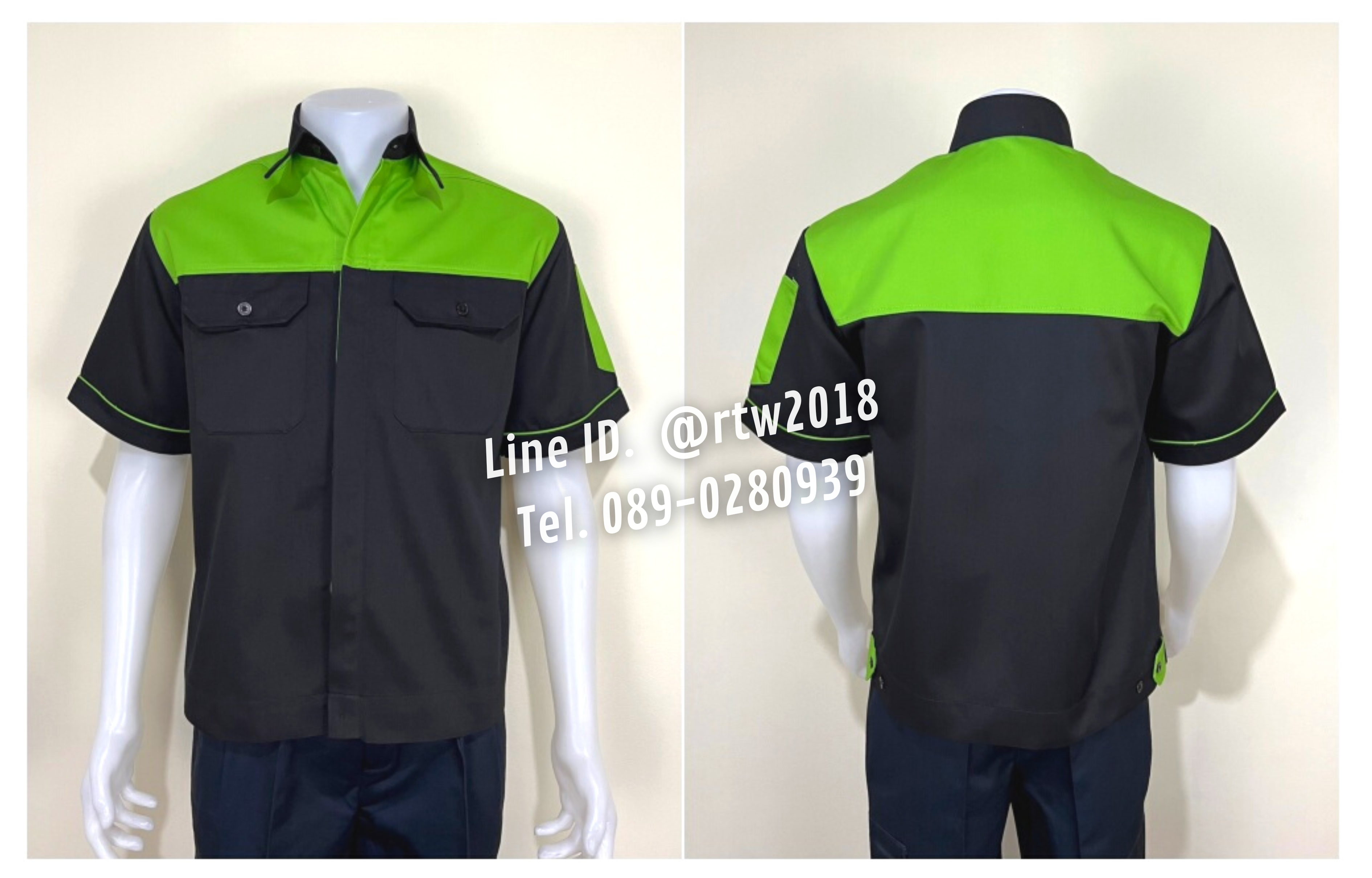 รหัส A10.4 : เสื้อช่างแขนสั้นผ้าคอมทวิวดำอกเขียวอ่อน (ซ่อนสาบ)