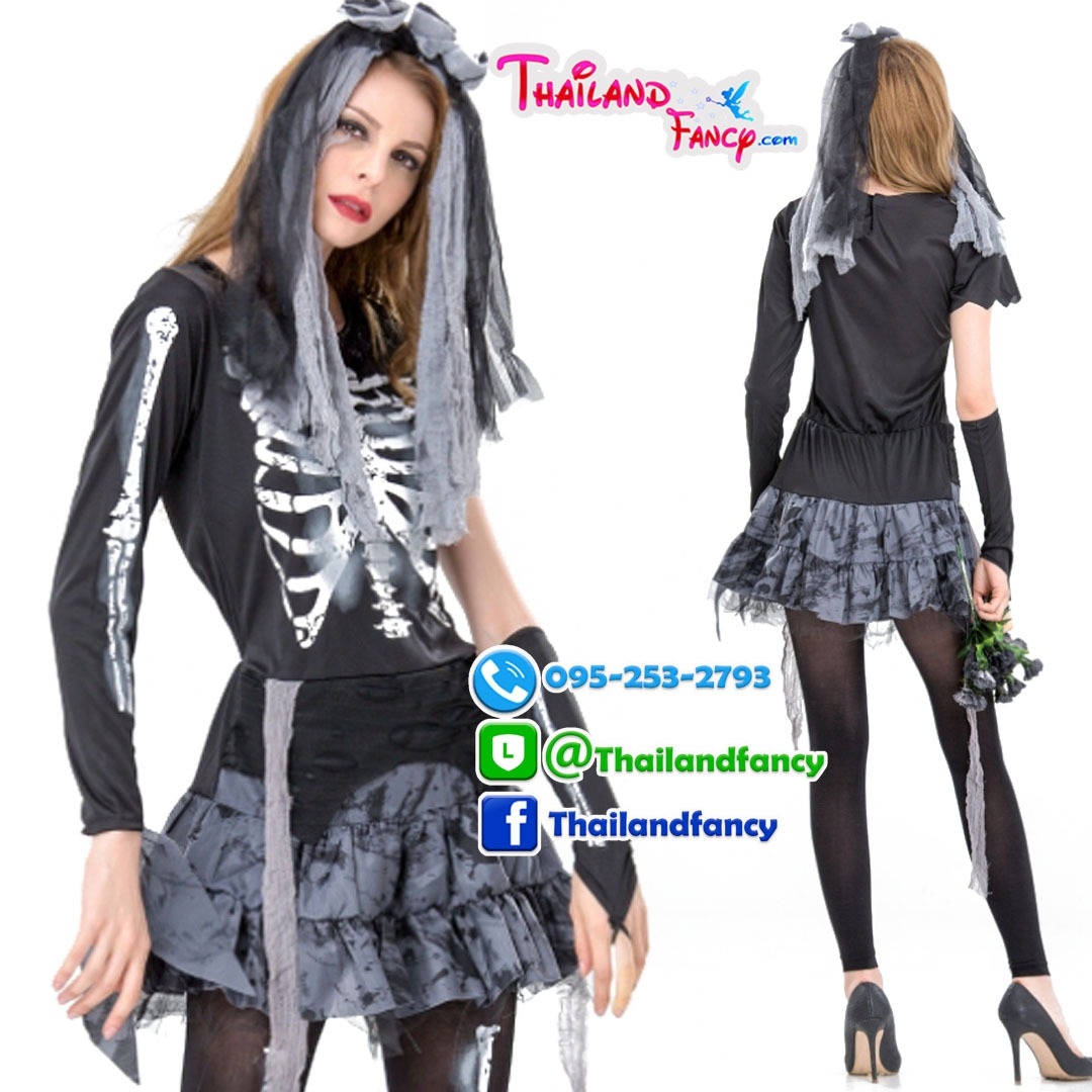 ชุดแฟนซีผีกระดูกผู้หญิง ชุดคอสเพลย์ซอมบี้ ชุดเจ้าสาวผี Halloween Party ชุดปีศาจสาว ชุดฮาโลวีน ชุดเจ้าสาวผีกระดูก