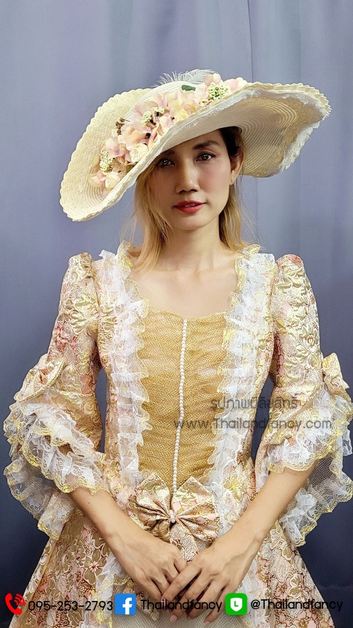 ชุดแฟนซีผู้หญิงสำหรับเช่า ชุดวิคตอเรีย ชุดเจ้าหญิงอังกฤษ ชุดผู้ดีอังกฤษ ชุดหลุยส์ฝรั่งเศส Victoria Cosplay ชุดเช่าเจ้าหญิงยุคเรเนซองค์โกธิคสีชมพูทอง