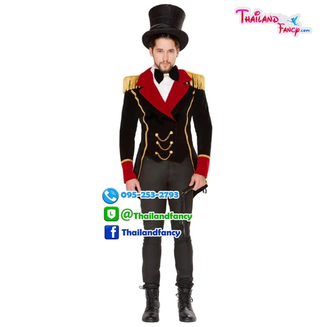 ชุดเช่าแฟนซีผู้ชาย (ชุดเช่า) ชุดเช่านักมายากลชาย Magician Costume ชุดแฟนซีอาชีพ ชุดนักมายากลผู้ชายผู้ชายสีดำปกแดงแต่งขลิบทอง