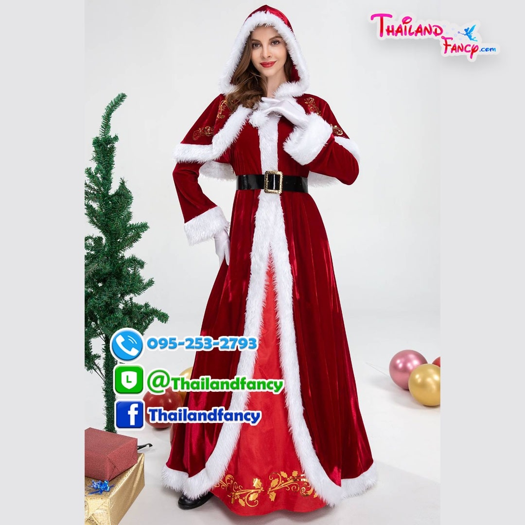 ชุดเช่าแฟนซีผู้หญิง ชุดเช่าซานตารีน่า ชุดคู่ซานต้า New Year Cosplay ชุดสาวซานตี้ ชุดเช่าแซนตี้เดรสกระโปรงยาวสีแดงมีผ้าคลุมเฟอร์หัวฮู้ท