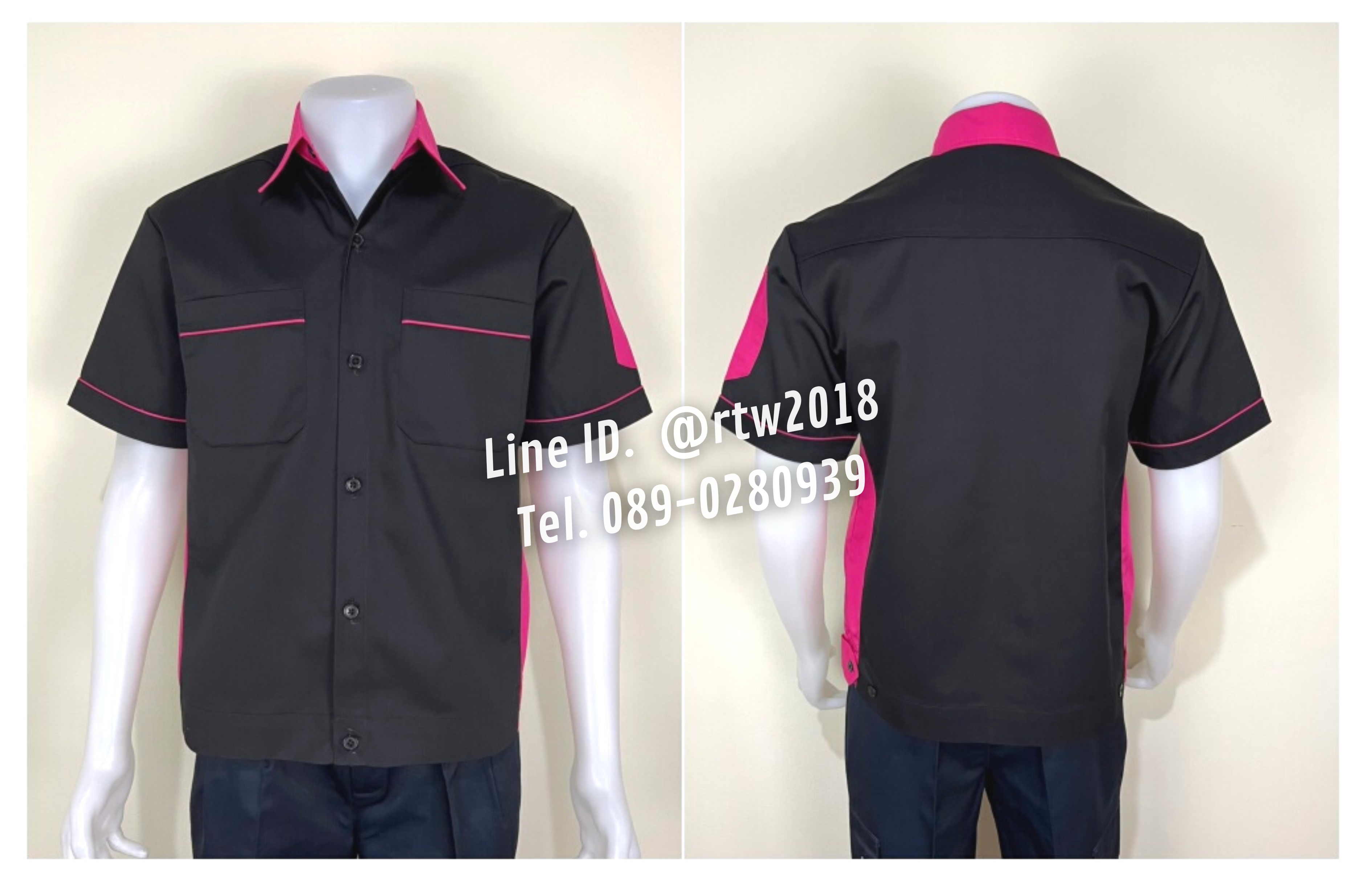 รหัส A13.11 : เสื้อช่างแขนสั้นผ้าคอมทวิวสีดำข้างชมพูเข้ม