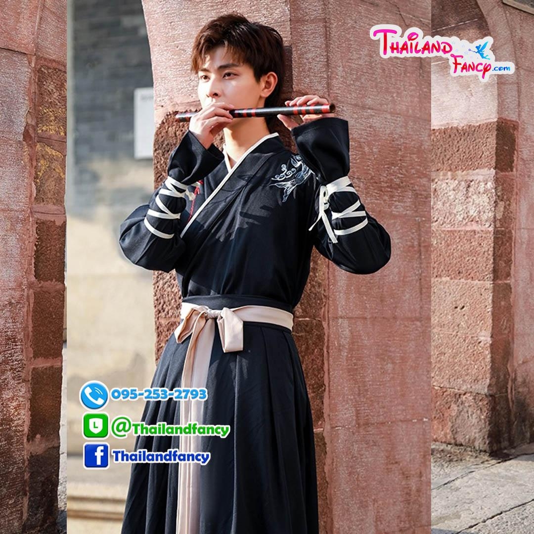 ชุดเช่าแฟนซีผู้ชาย เช่าชุดจอมยุทธ์ผู้ชาย ชุดแฟนซีนานาชาติ ชุดจีนโบราณ ชุดเกาหลีโบราณ ชุดจีนกำลังภายในชาย ชุดเช่าจอมยุทธชุดสีกรม-ดำ ลายมังกร