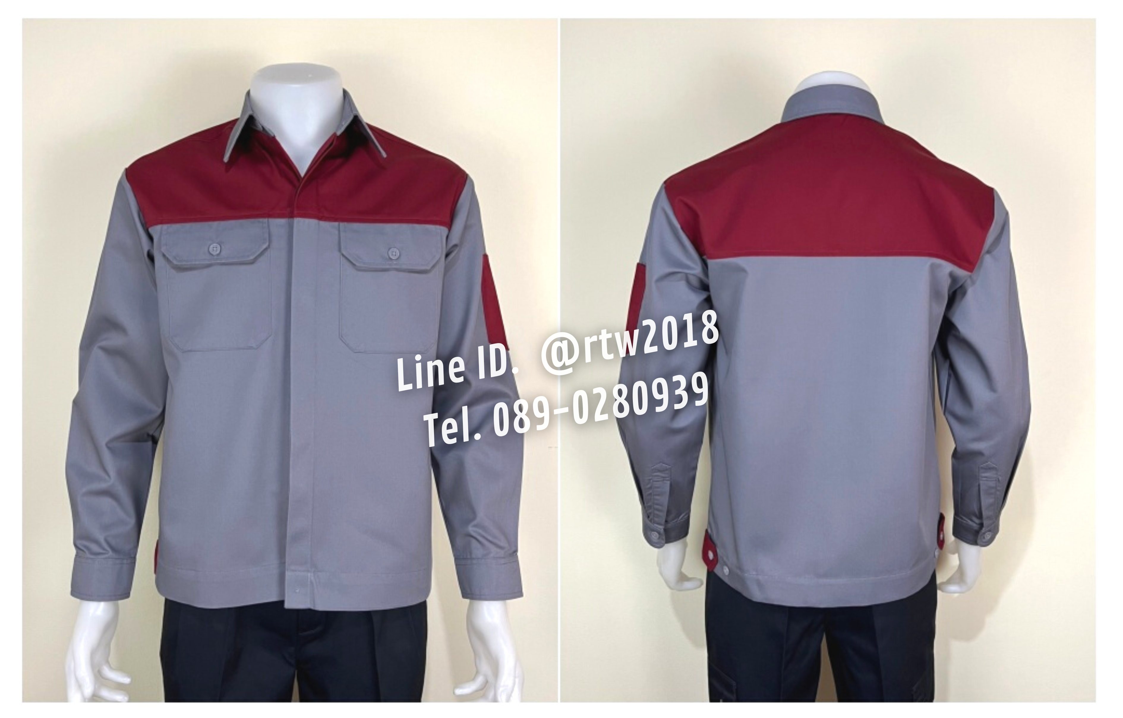 รหัส AB2.9 : เสื้อช่างแขนยาวผ้าคอมทวิวเทาอกเลือดหมู (ซ่อนสาบ)