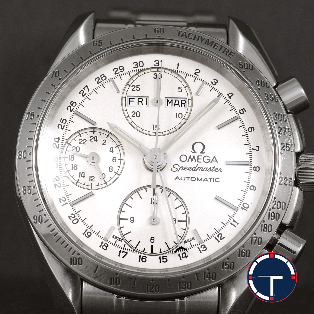Omega Speedmaster Triple Date หน้าปัดสีขาวด้าน สายเหล็กแท้ มีกล่อง ใบ นาฬิกาปี1995 Automatic ขนาด 39 mm