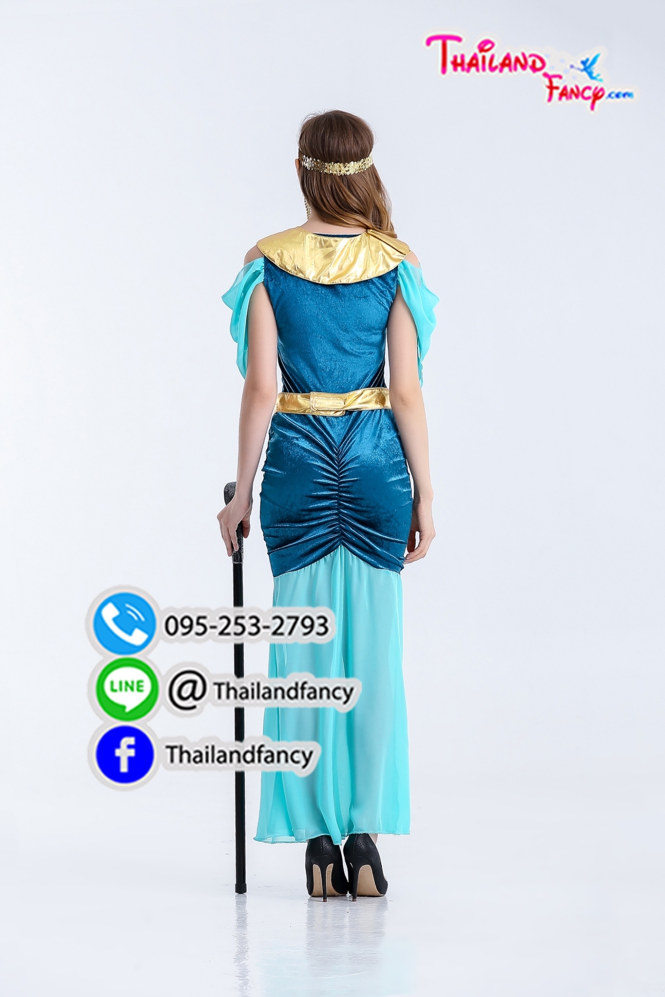 ชุดแฟนซีผู้หญิง Cleopatra Cosplay ชุดเทพเจ้ากรีก ชุดเทพธิดากรีก ชุดอียิปต์ ชุดคลีโอพัตรา ชุดโรมันหญิง เดรสสีฟ้าแต่งทอง