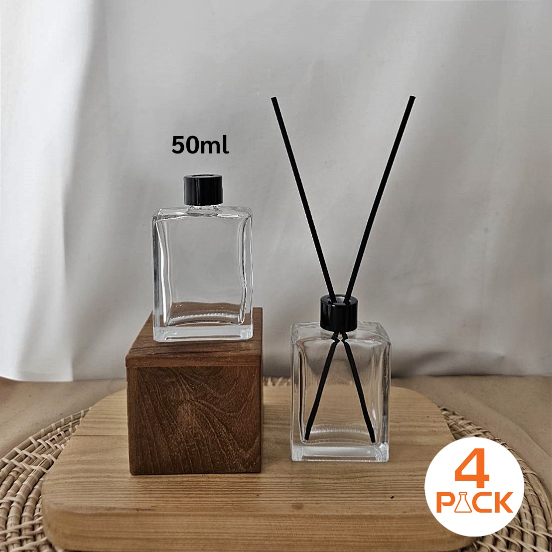 ขวดแก้วทรงแบน รุ่นD18 50,100ml +ฝาก้านไม้ +จุกใน