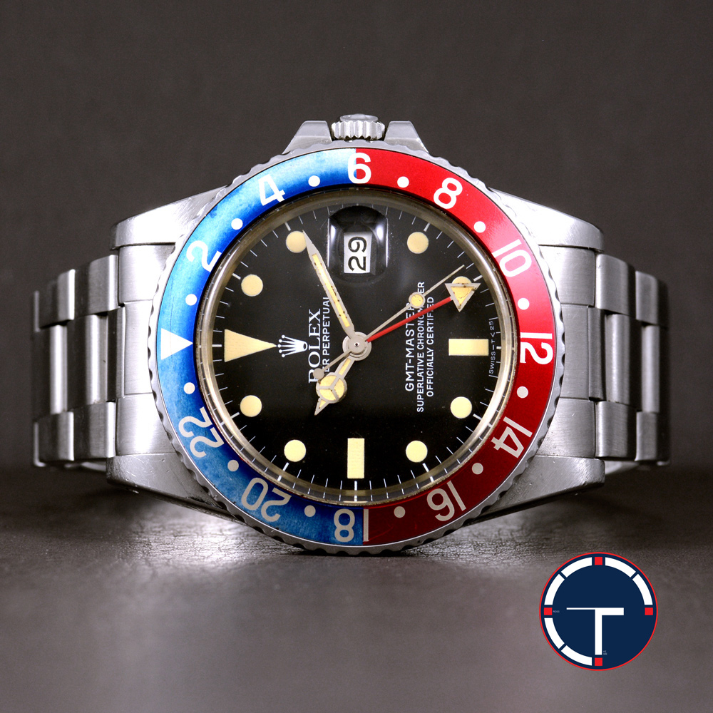 **ขายแล้ว** Rolex Gmt Master Pepsi Ref.16750 หน้าปัดสีดำ พรายน้ำเหลือง ขอบฟิล์มเฟด สายเหล็กแท้ ปี1983 Automatic ขนาด 40 mm