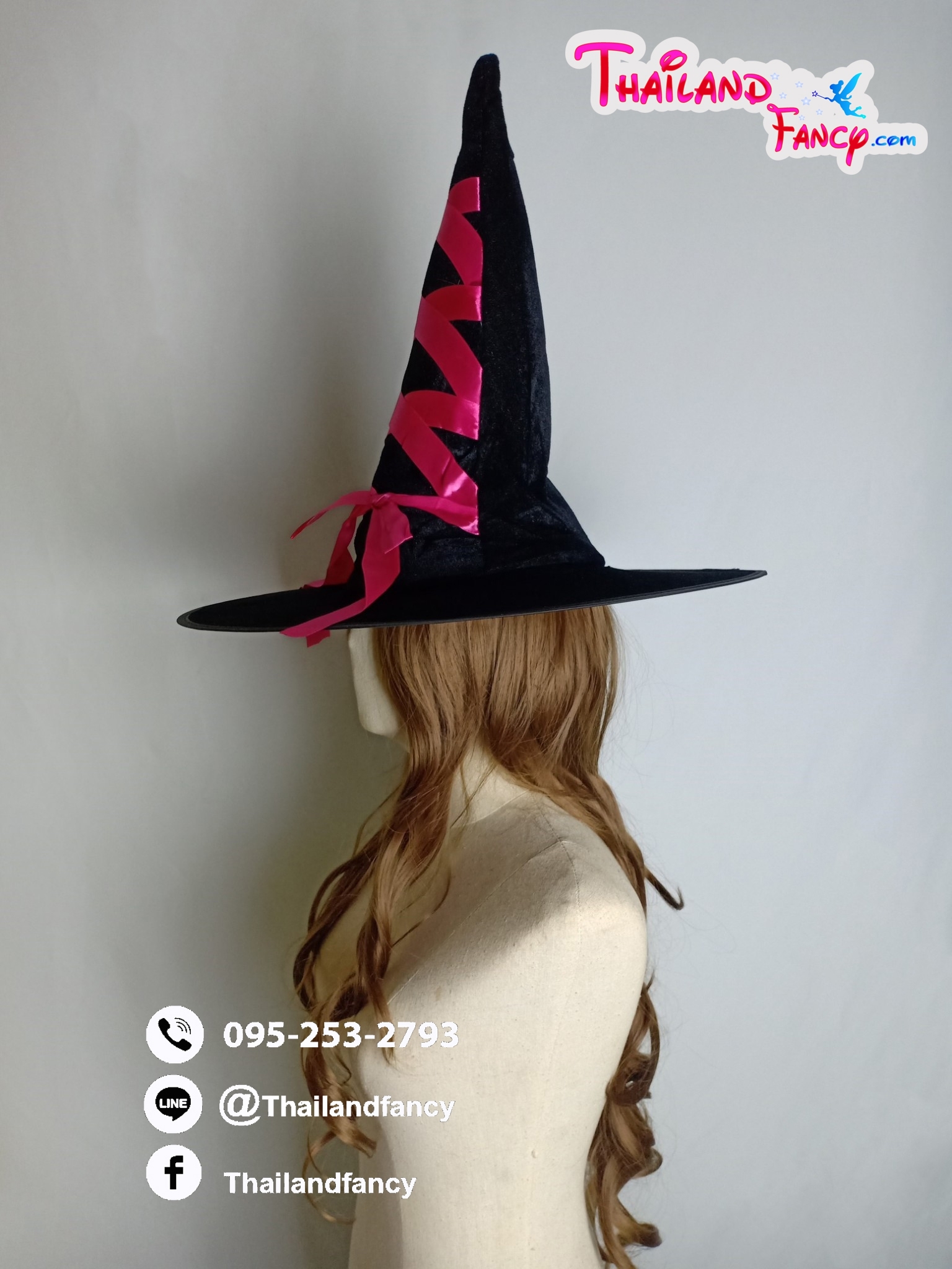 หมวกแฟนซี หมวกแม่มด หมวกคอสเพลย์ หมวกฮาโลวีน Halloween Costume หมวกแฟนซีผีแม่มดเนื้อกำมะหยี่ผูกโบว์