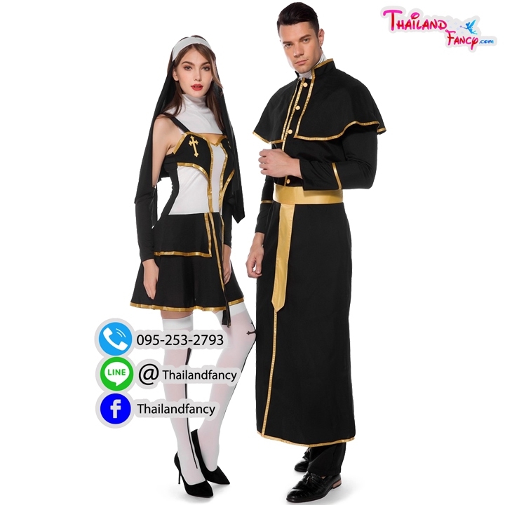 ชุดเช่าแฟนซีผู้ชาย (ชุดเช่า) ชุดคอสเพลย์นักบวช Priest Cosplay ชุดฮาโลวีน ชุดนักบวชคริสต์ ชุดบาทหลวงสีดำแต่งทองสัญลักษณ์ไม้กางเขน